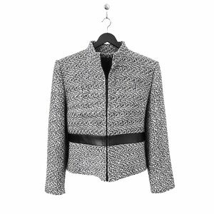 Black and White Tweed Jacket with Faux Leather Trim - Size